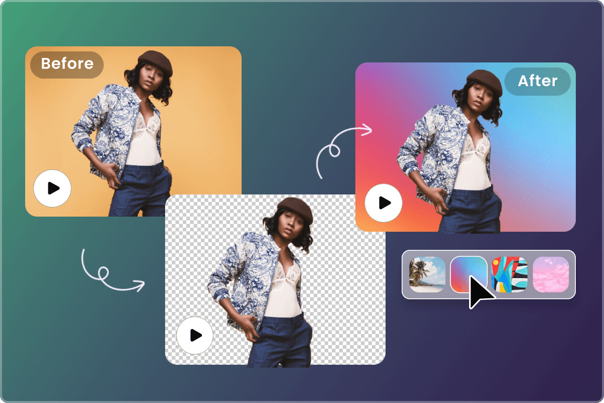 remove the video background of a woman wearing a brown hat and casual clothes and replace it with a gradient colored background